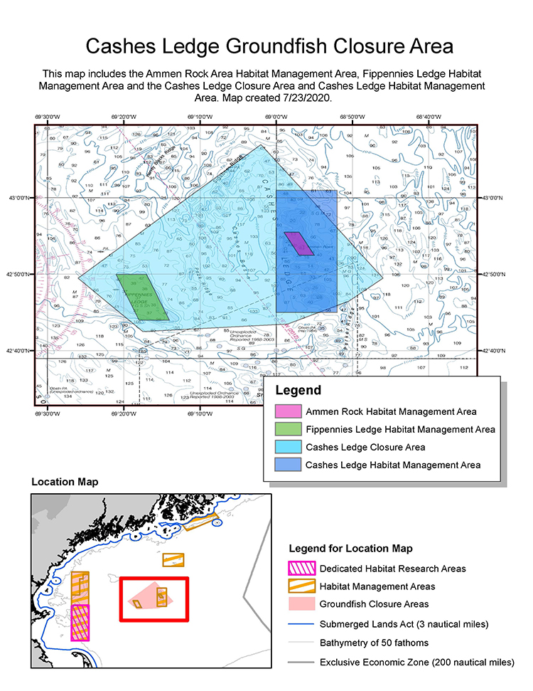 Cashes Ledge Groundfish Closure Area. This map includes the Ammen Rock Area Habitat Management Area, Fippennies Ledge Habitat Management Area and the Cashes Ledge Closure Area and Cashes Ledge Habitat Management Area. Map created 7/23/2020.