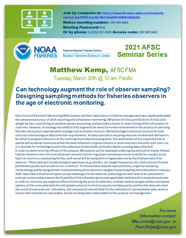 Alaska Fisheries Science Center Seminar poster for Matthew Kemp event.