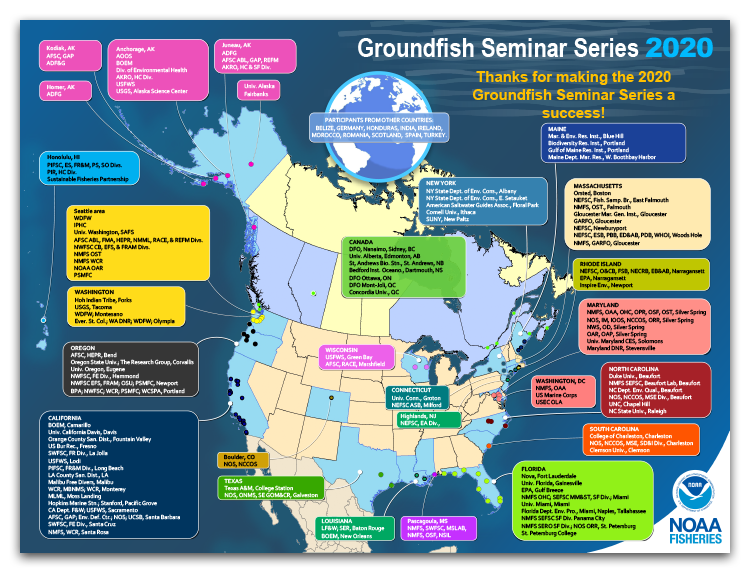 Map and lists of all the organizations and participants in the U.S. and Canada at the 2020 Groundfish Seminar Series.