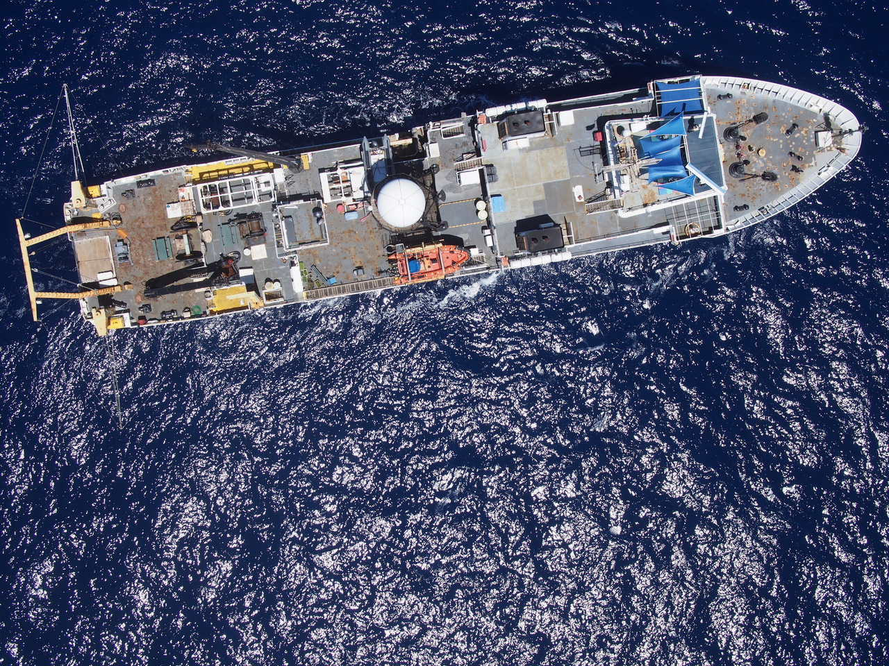 The NOAA Ship Oscar Elton Sette, previously a submarine hunter during the cold war, was repurposed to seek out and solve the mysteries of the ocean. Here is a bird’s eye view of the Sette, taken with the help of an unmanned aircraft system (UAS), also known as a drone. Photo: NOAA Fisheries/Amanda Bradford and Rory Driskell.