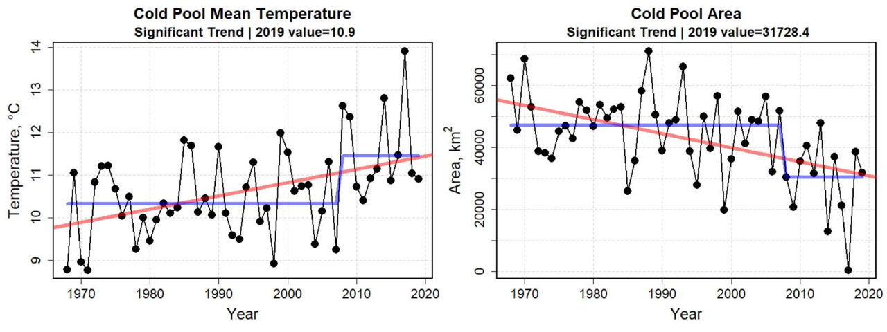Graphs showing indices of the mean temperature and size of the cold pool from 1968 to 2019. The mean temperature of the cold pool has increased from approximately 10°C to temperatures in excess of 11°C, and also had a step change increase around 2008. The area of the cold pool has been declining over the time series and experienced a step change in conditions around 2008.