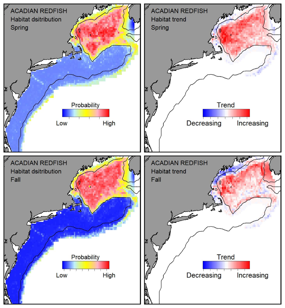 Top row: Probable habitat distribution for Acadian redfish showing the highest concentration and increasing trend in the Gulf of Maine during the spring. Bottom row: Probable habitat distribution for Acadian redfish showing the highest concentration and increasing trend in the Gulf of Maine during the fall.