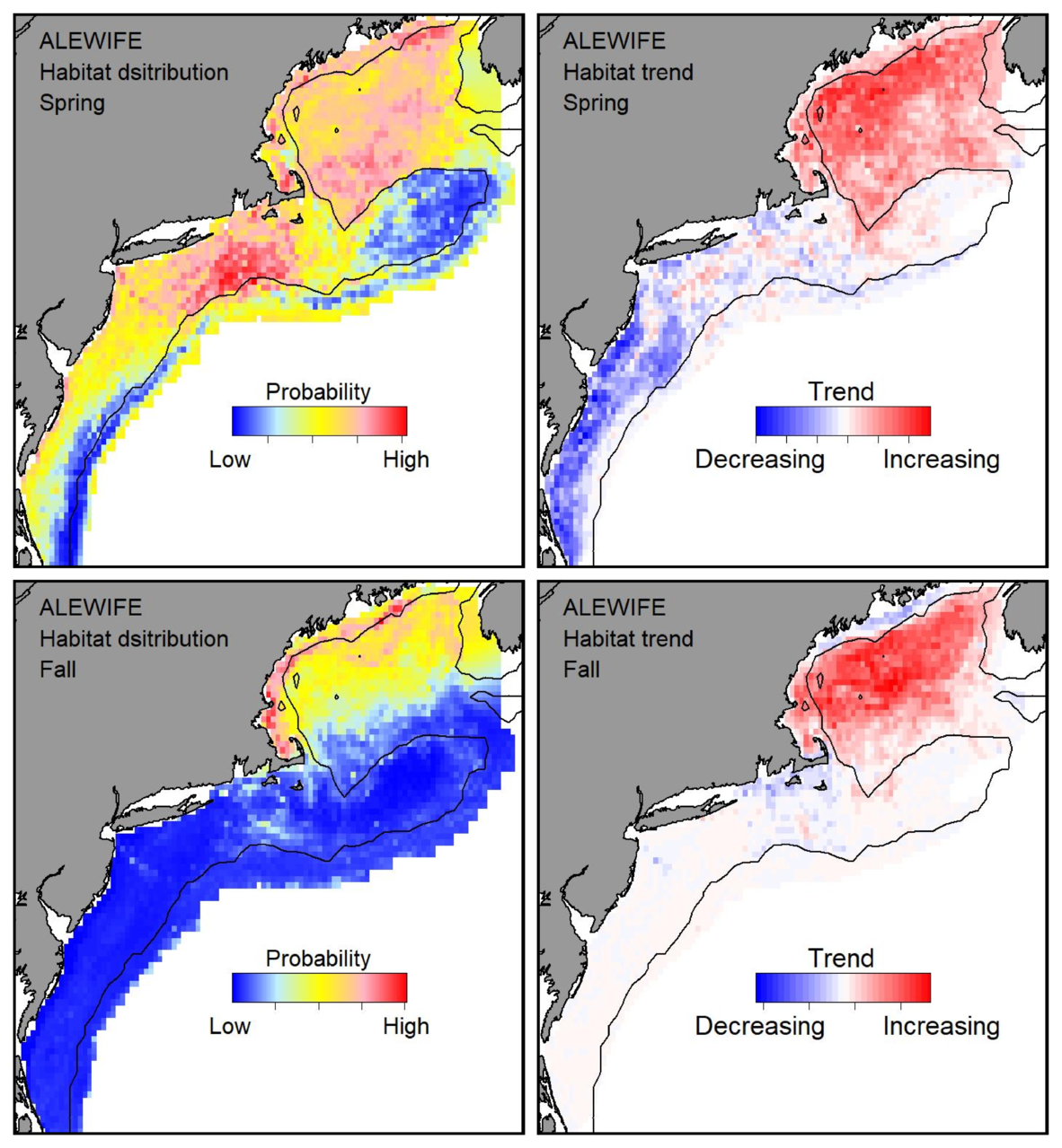 Top row: Probable habitat distribution for alewife showing the highest concentration and increasing trend in the Gulf of Maine during the spring. Bottom row: Probable habitat distribution for alewife showing the highest concentration and increasing trend in the Gulf of Maine during the fall.
