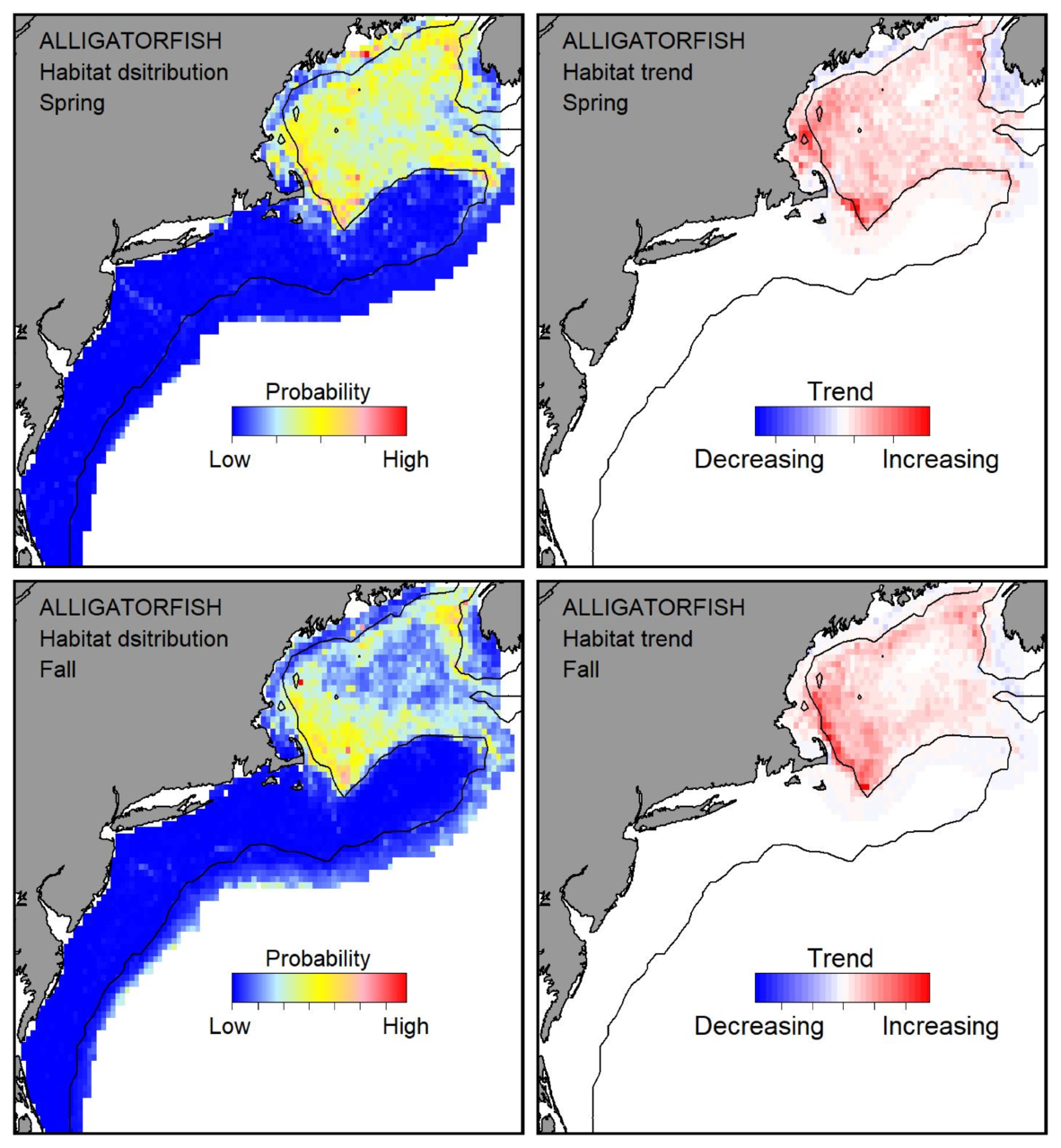 Probable habitat distribution for alligatorfish showing the highest concentration and increasing trend in the Gulf of Maine during the spring. Bottom row: Probable habitat distribution for alligatorfish showing the highest concentration and increasing trend in the Gulf of Maine during the fall.
