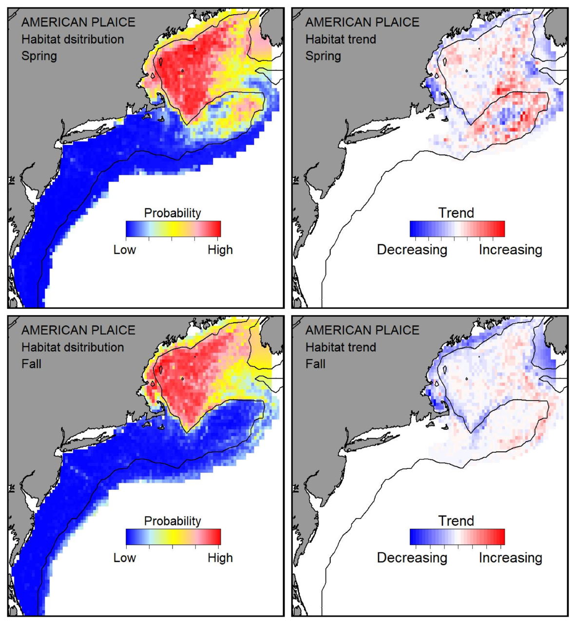 Probable habitat distribution for American plaice showing the highest concentration and increasing trend in the Gulf of Maine during the spring. Bottom row: Probable habitat distribution for American plaice showing the highest concentration and increasing trend in the Gulf of Maine during the fall.