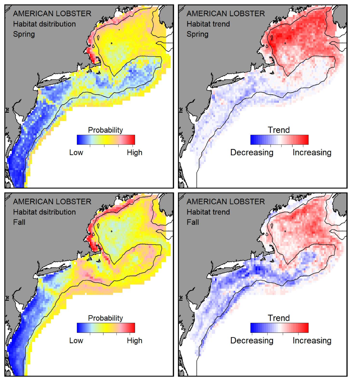 Probable habitat distribution for American lobster showing the highest concentration and increasing trend in the Gulf of Maine during the spring. Bottom row: Probable habitat distribution for American lobster showing the highest concentration and increasing trend in the Gulf of Maine during the fall.