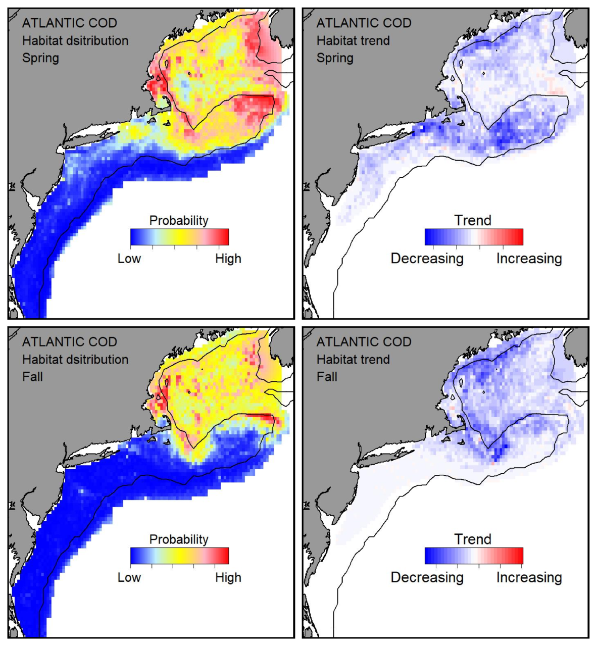 Top row: Probable habitat distribution for Atlantic cod showing the highest concentration and increasing trend in the Gulf of Maine during the spring. Bottom row: Probable habitat distribution for Atlantic cod showing the highest concentration and increasing trend in the Gulf of Maine during the fall.