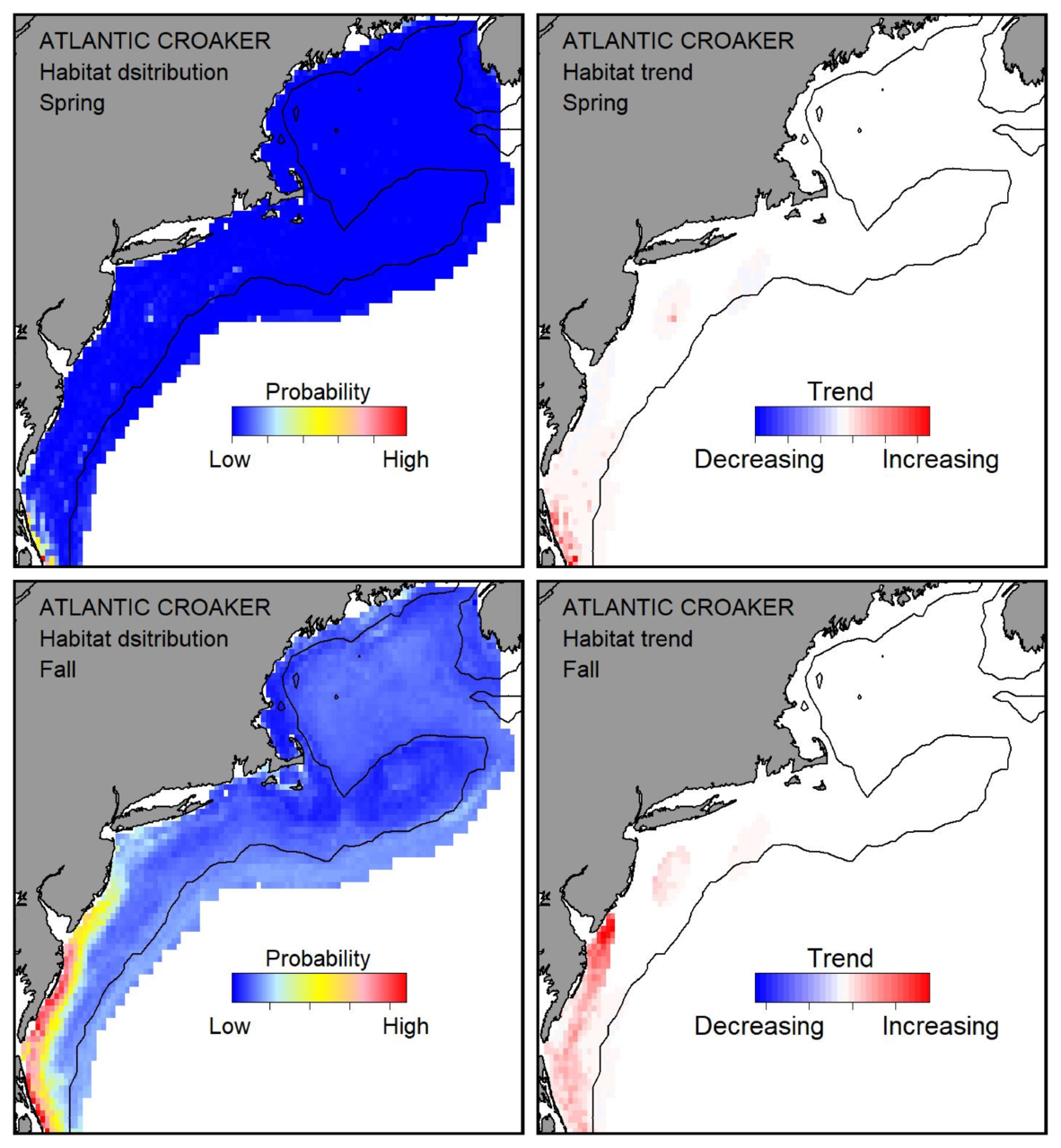 Probable habitat distribution for Atlantic croaker showing the highest concentration and increasing trend in the Gulf of Maine during the spring. Bottom row: Probable habitat distribution for Atlantic croaker showing the highest concentration and increasing trend in the Gulf of Maine during the fall.