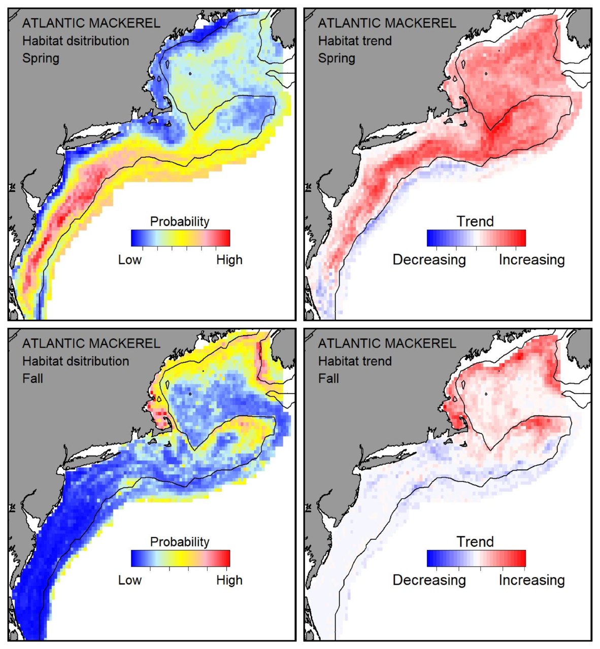 Probable habitat distribution for Atlantic mackerel showing the highest concentration and increasing trend in the Gulf of Maine during the spring. Bottom row: Probable habitat distribution for Atlantic mackerel showing the highest concentration and increasing trend in the Gulf of Maine during the fall.