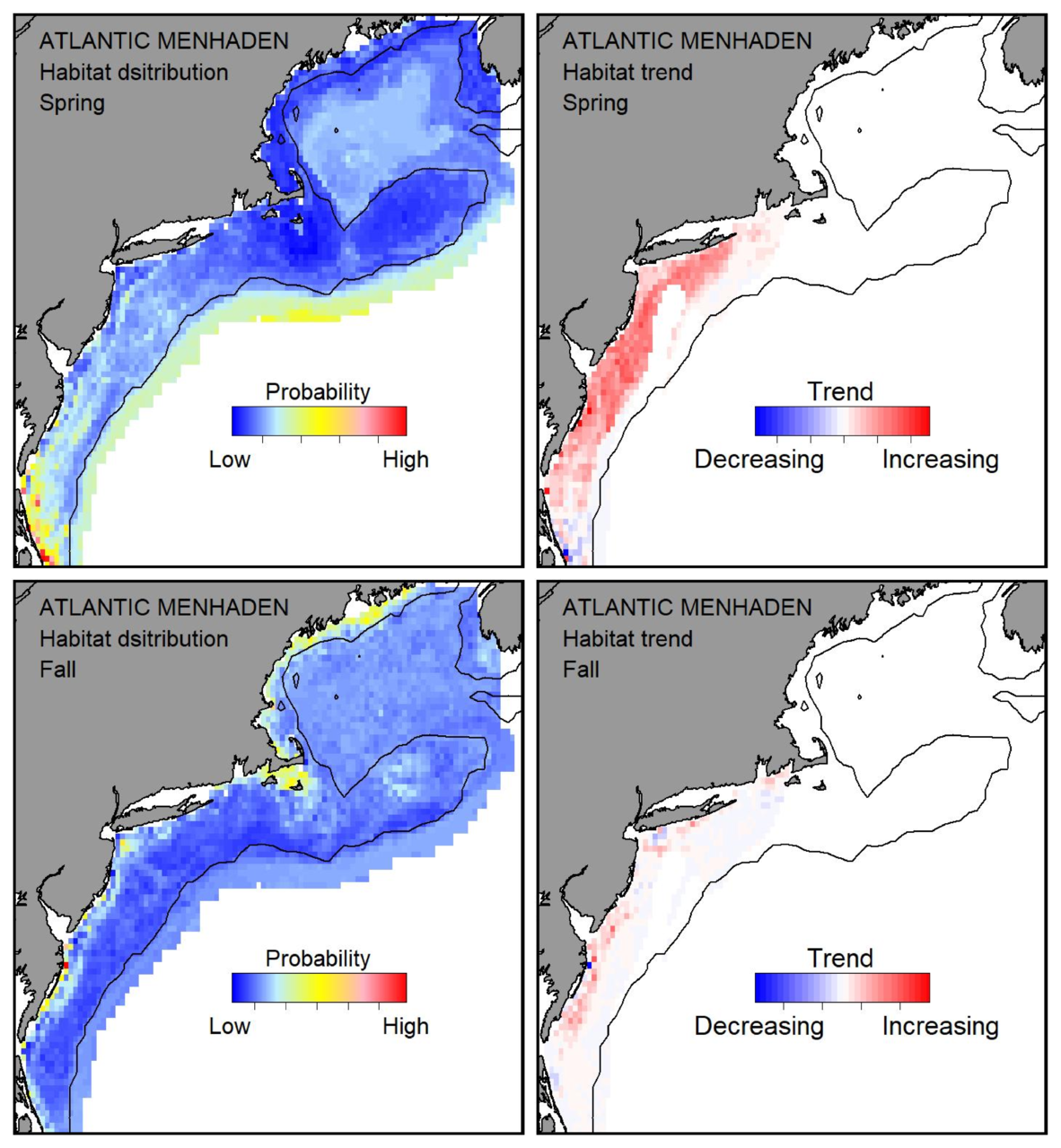Top row: Probable habitat distribution for Atlantic menhaden showing the highest concentration and increasing trend in the Gulf of Maine during the spring. Bottom row: Probable habitat distribution for Atlantic menhaden showing the highest concentration and increasing trend in the Gulf of Maine during the fall.