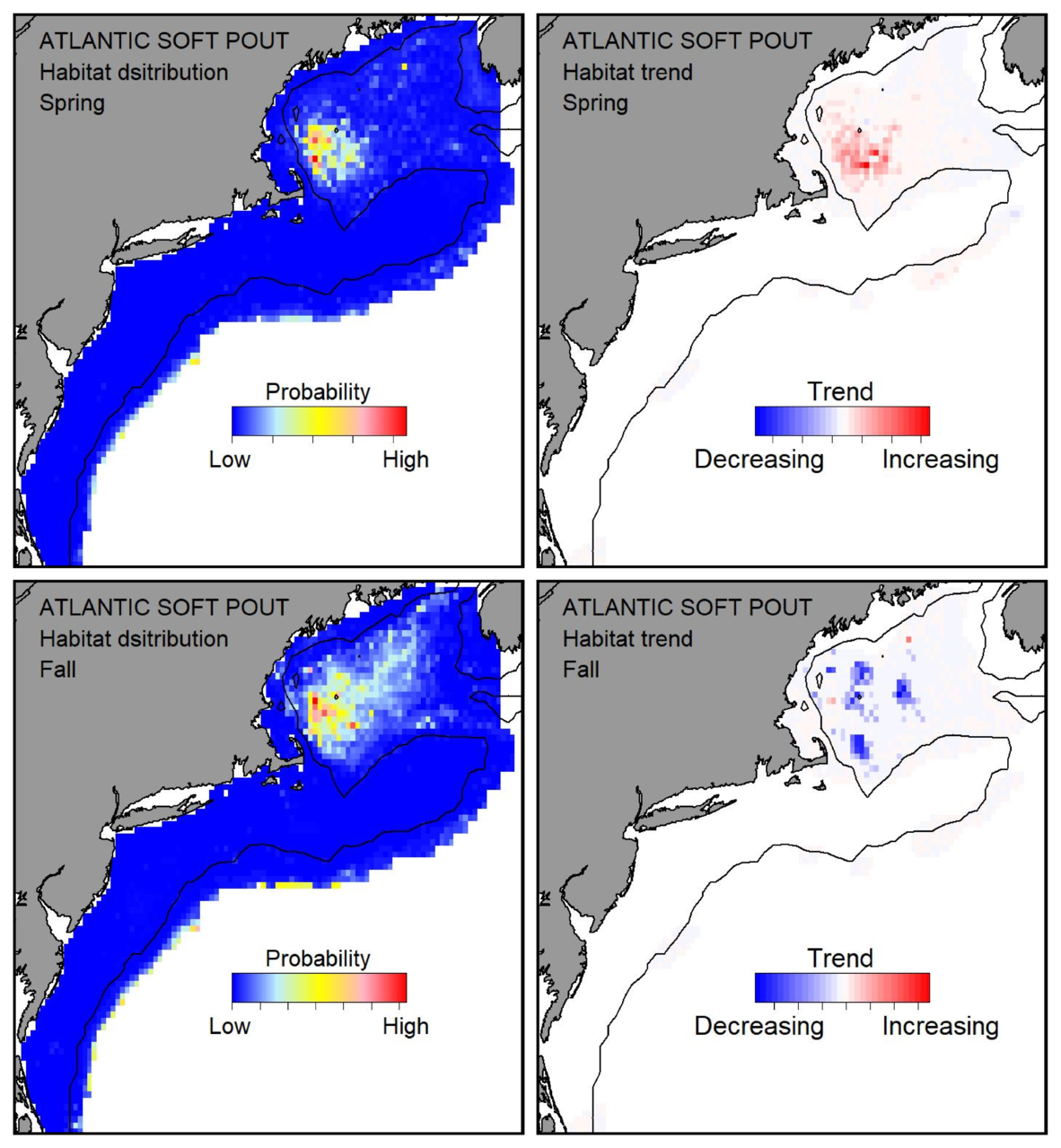 Probable habitat distribution for Atlantic soft pout showing the highest concentration and increasing trend in the Gulf of Maine during the spring. Bottom row: Probable habitat distribution for Atlantic soft pout showing the highest concentration and increasing trend in the Gulf of Maine during the fall.