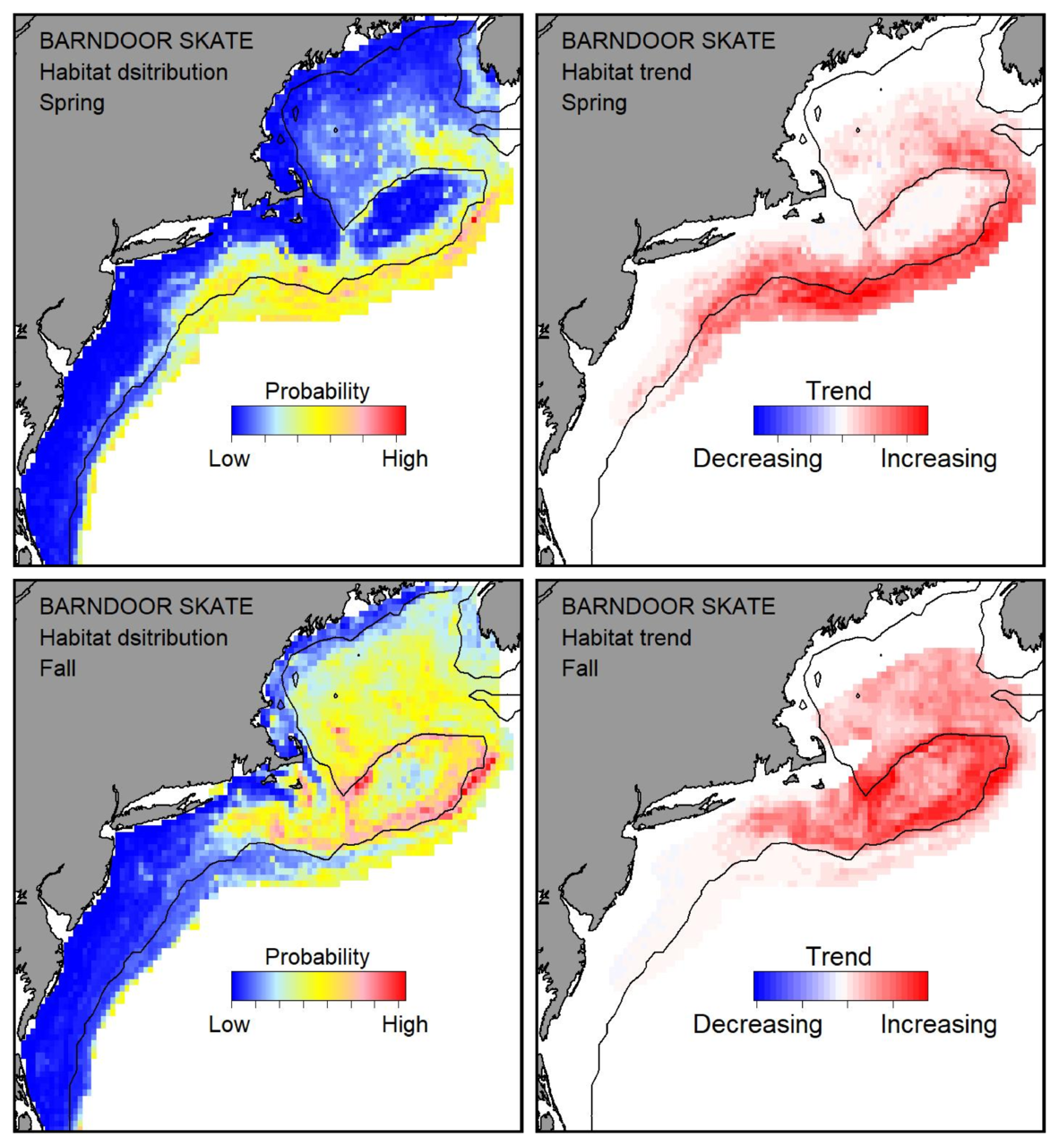 Top row: Probable habitat distribution for barndoor skate showing the highest concentration and increasing trend in the Gulf of Maine during the spring. Bottom row: Probable habitat distribution for barndoor skate showing the highest concentration and increasing trend in the Gulf of Maine during the fall.