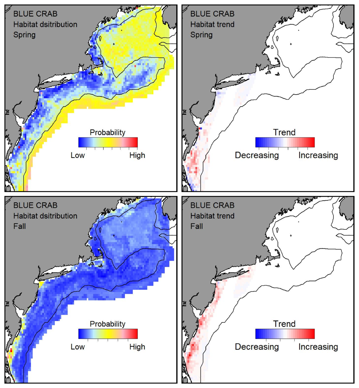 Probable habitat distribution for blue crab showing the highest concentration and increasing trend in the Gulf of Maine during the spring. Bottom row: Probable habitat distribution for blue crab showing the highest concentration and increasing trend in the Gulf of Maine during the fall.