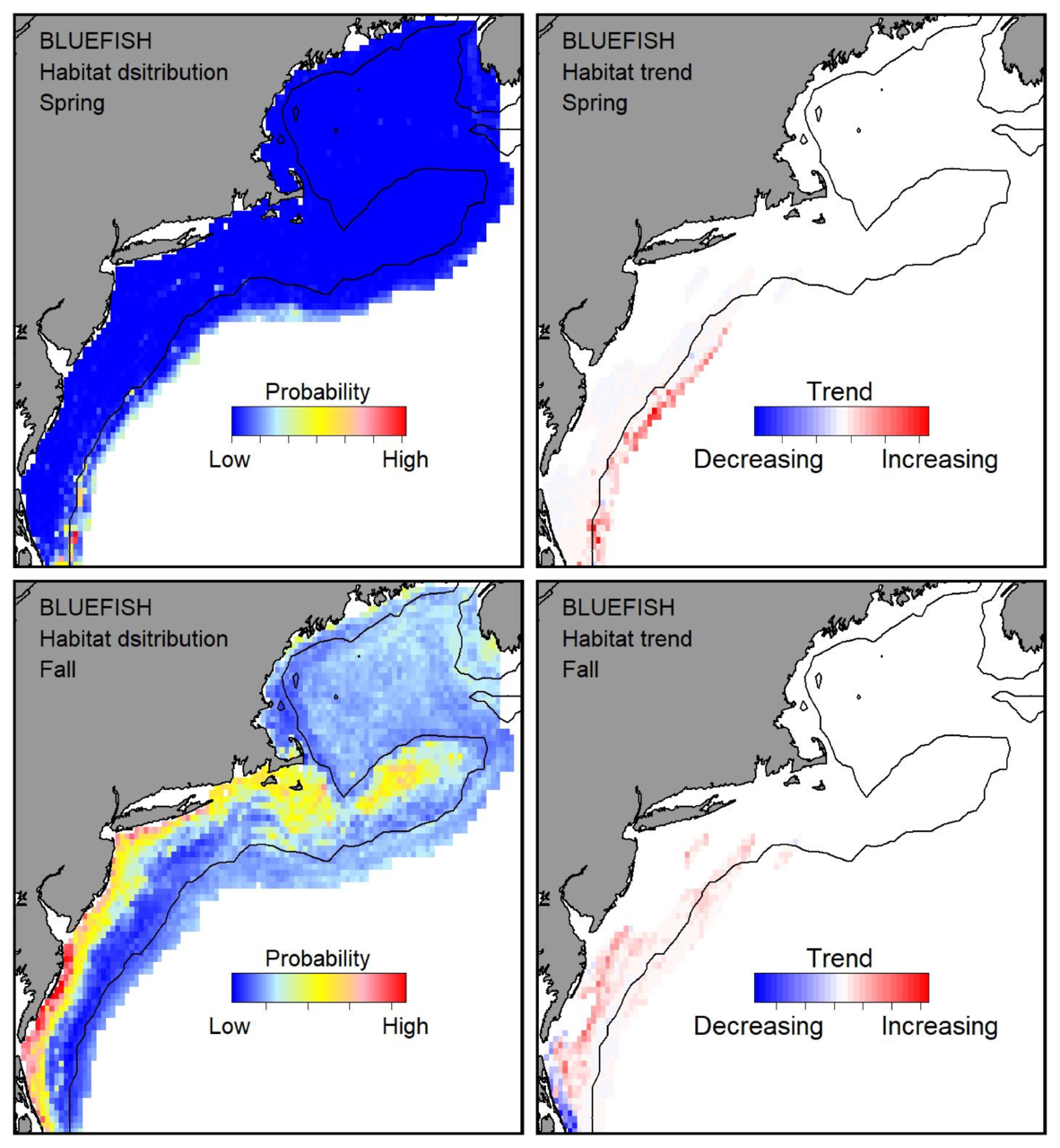 Probable habitat distribution for bluefish showing the highest concentration and increasing trend in the Gulf of Maine during the spring. Bottom row: Probable habitat distribution for bluefish showing the highest concentration and increasing trend in the Gulf of Maine during the fall.
