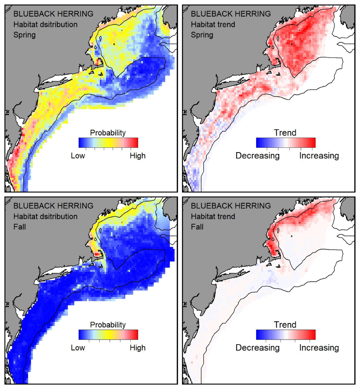 Top row: Probable habitat distribution for blueback herring showing the highest concentration and increasing trend in the Gulf of Maine during the spring. Bottom row: Probable habitat distribution for blueback herring showing the highest concentration and increasing trend in the Gulf of Maine during the fall.