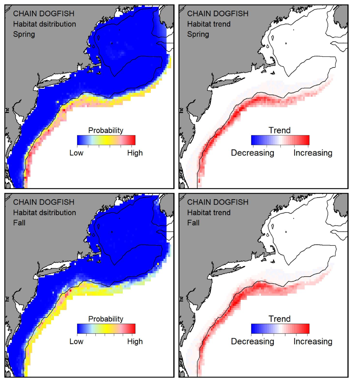 Top row: Probable habitat distribution for chain dogfish showing the highest concentration and increasing trend in the Gulf of Maine during the spring. Bottom row: Probable habitat distribution for chain dogfish showing the highest concentration and increasing trend in the Gulf of Maine during the fall.