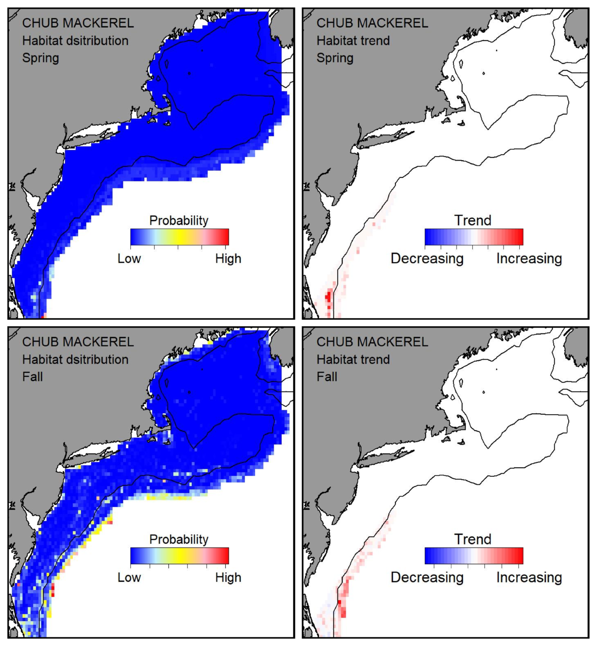 Probable habitat distribution for chub mackerel showing the highest concentration and increasing trend in the Gulf of Maine during the spring. Bottom row: Probable habitat distribution for chub mackerel showing the highest concentration and increasing trend in the Gulf of Maine during the fall.