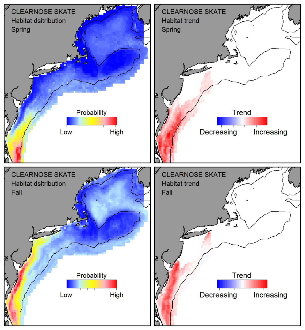 Top row: Probable habitat distribution for clearnose skate showing the highest concentration and increasing trend in the Gulf of Maine during the spring. Bottom row: Probable habitat distribution for clearnose skate showing the highest concentration and increasing trend in the Gulf of Maine during the fall.