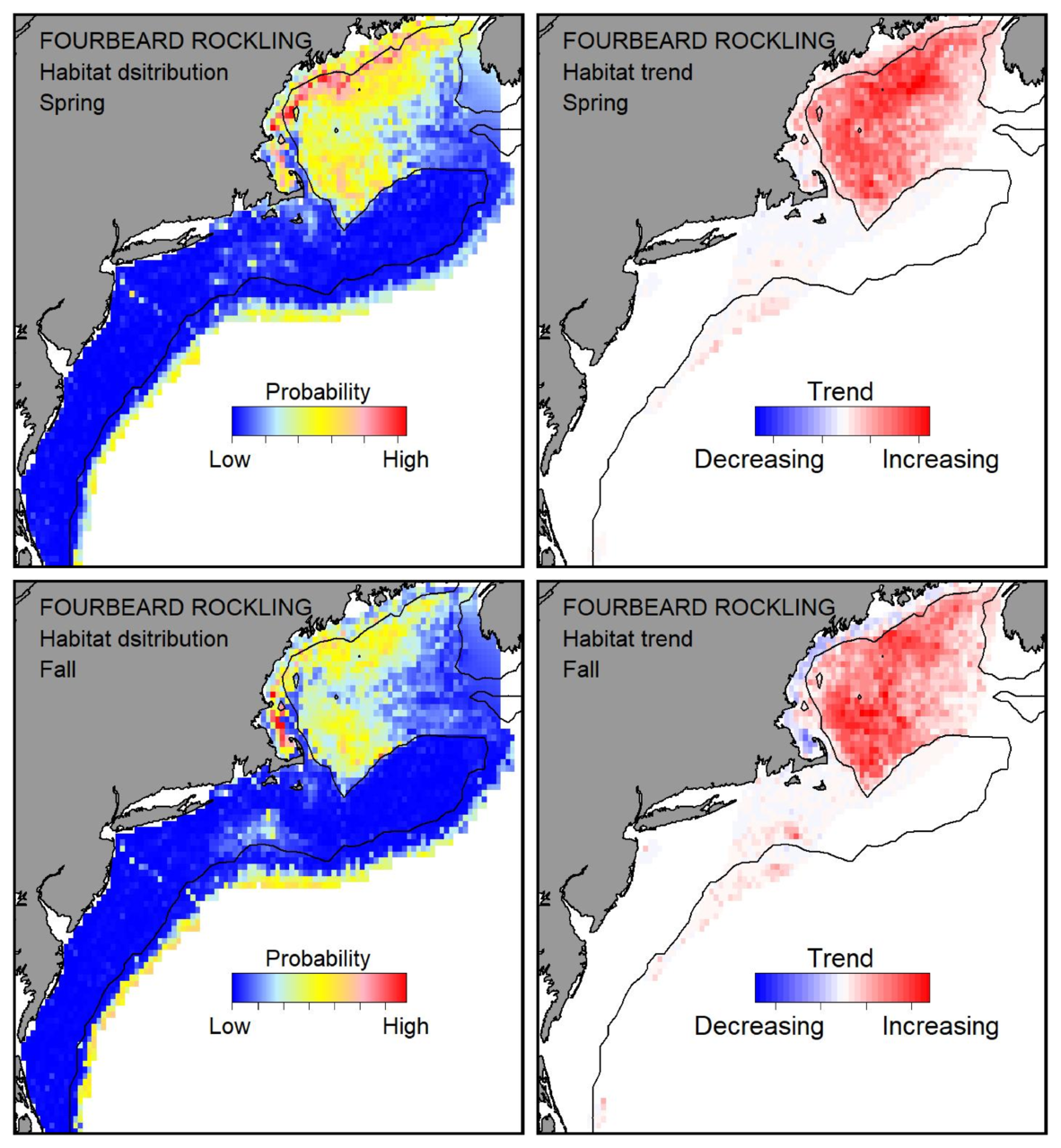 Top row: Probable habitat distribution for fourbeard rockling showing the highest concentration and increasing trend in the Gulf of Maine during the spring. Bottom row: Probable habitat distribution for fourbeard rockling showing the highest concentration and increasing trend in the Gulf of Maine during the fall.