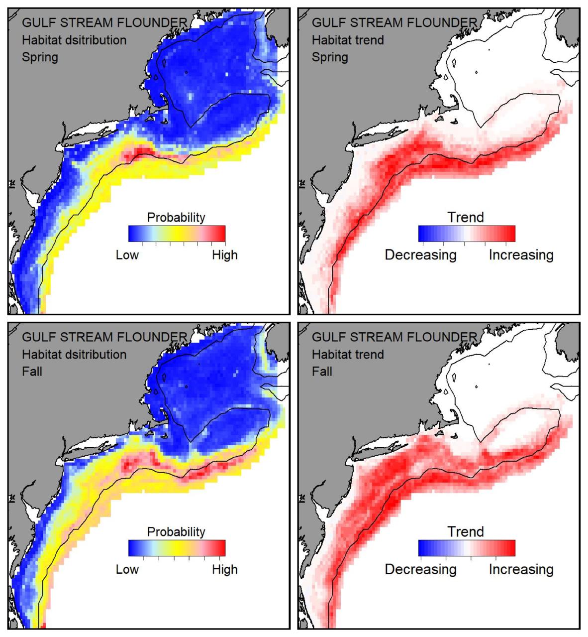 Probable habitat distribution for Gulf Stream flounder showing the highest concentration and increasing trend in the Gulf of Maine during the spring. Bottom row: Probable habitat distribution for Gulf Stream flounder showing the highest concentration and increasing trend in the Gulf of Maine during the fall.