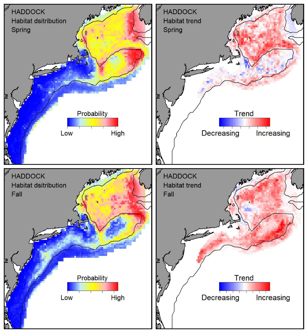 Top row: Probable habitat distribution for haddock showing the highest concentration and increasing trend in the Gulf of Maine during the spring. Bottom row: Probable habitat distribution for haddock showing the highest concentration and increasing trend in the Gulf of Maine during the fall.