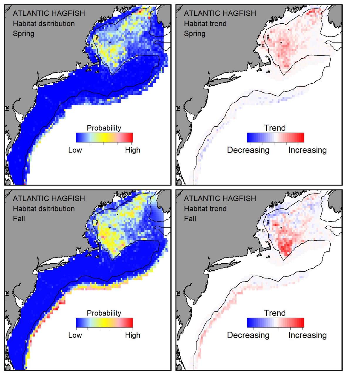 Top row: Probable habitat distribution for Atlantic hagfish showing the highest concentration and increasing trend in the Gulf of Maine during the spring. Bottom row: Probable habitat distribution for Atlantic hagfish showing the highest concentration and increasing trend in the Gulf of Maine during the fall.