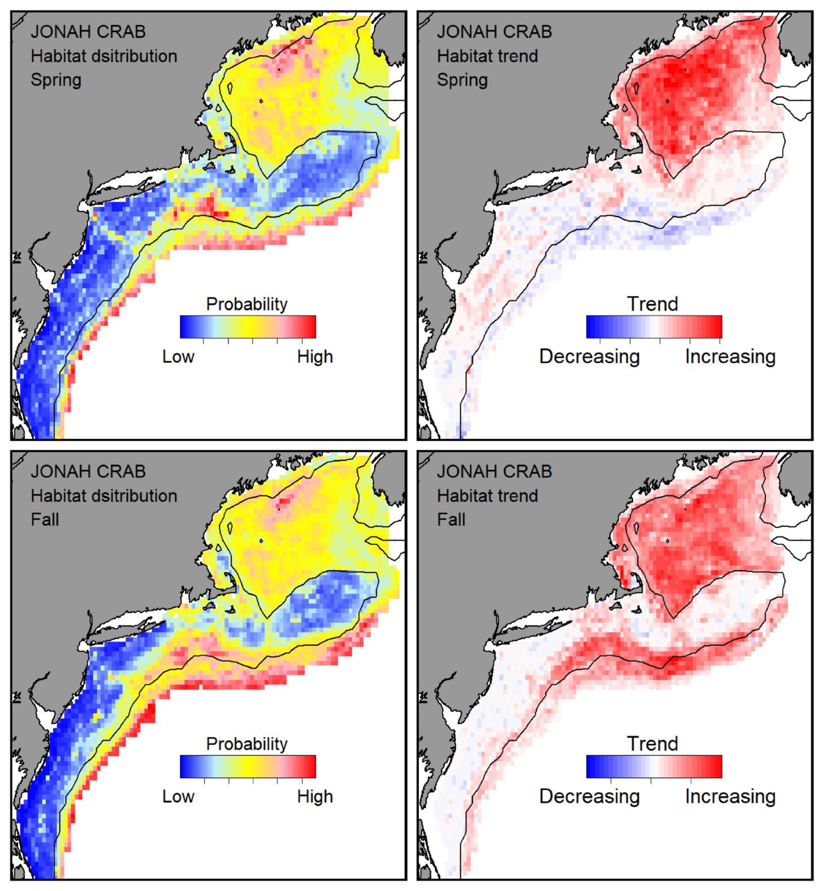 Probable habitat distribution for Jonah crab showing the highest concentration and increasing trend in the Gulf of Maine during the spring. Bottom row: Probable habitat distribution for Jonah crab showing the highest concentration and increasing trend in the Gulf of Maine during the fall.