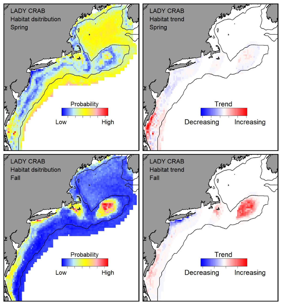 Probable habitat distribution for lady crab showing the highest concentration and increasing trend in the Gulf of Maine during the spring. Bottom row: Probable habitat distribution for lady crab showing the highest concentration and increasing trend in the Gulf of Maine during the fall.