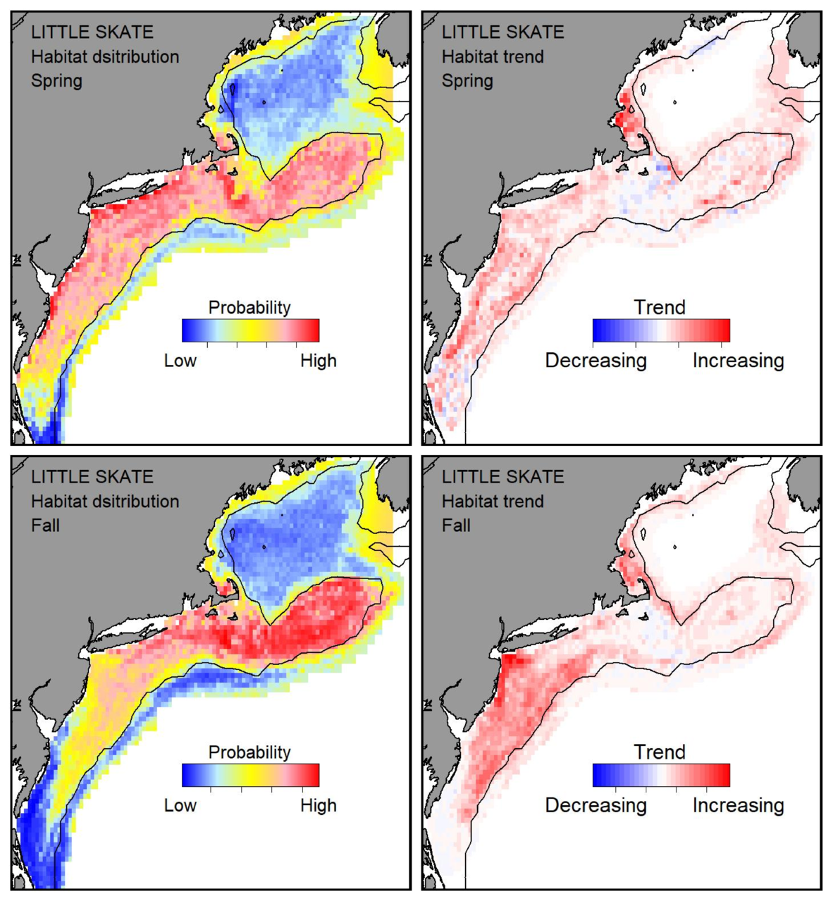 Top row: Probable habitat distribution for little skate showing the highest concentration and increasing trend in the Gulf of Maine during the spring. Bottom row: Probable habitat distribution for little skate showing the highest concentration and increasing trend in the Gulf of Maine during the fall.