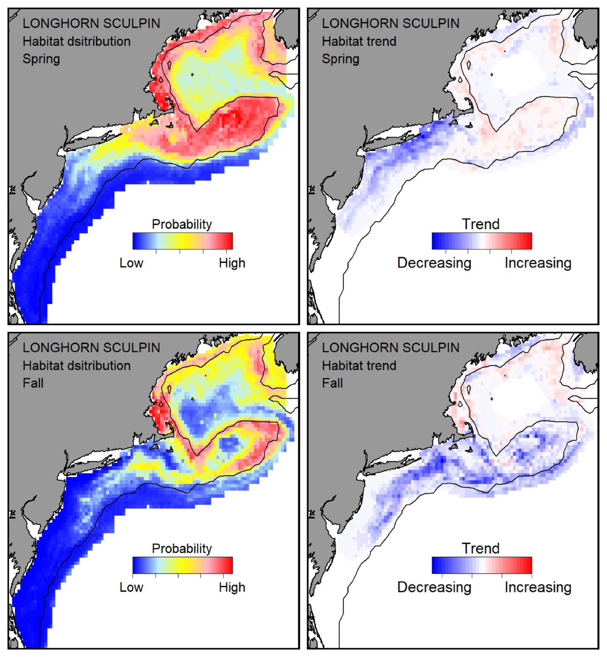 Probable habitat distribution for longhorn sculpin showing the highest concentration and increasing trend in the Gulf of Maine during the spring. Bottom row: Probable habitat distribution for longhorn sculpin showing the highest concentration and increasing trend in the Gulf of Maine during the fall.