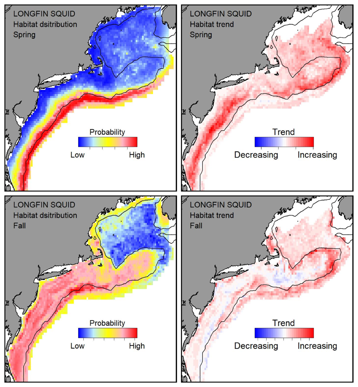 Probable habitat distribution for longfin squid showing the highest concentration and increasing trend in the Gulf of Maine during the spring. Bottom row: Probable habitat distribution for longfin squid showing the highest concentration and increasing trend in the Gulf of Maine during the fall.