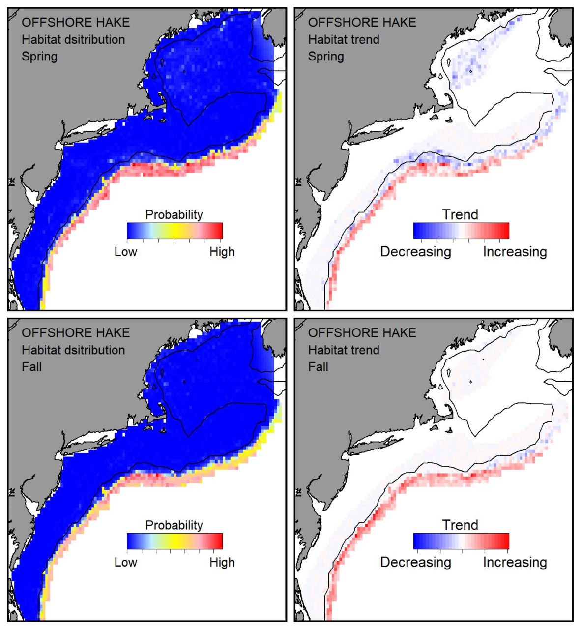 Top row: Probable habitat distribution for offshore hake showing the highest concentration and increasing trend in the Gulf of Maine during the spring. Bottom row: Probable habitat distribution for offshore hake showing the highest concentration and increasing trend in the Gulf of Maine during the fall.
