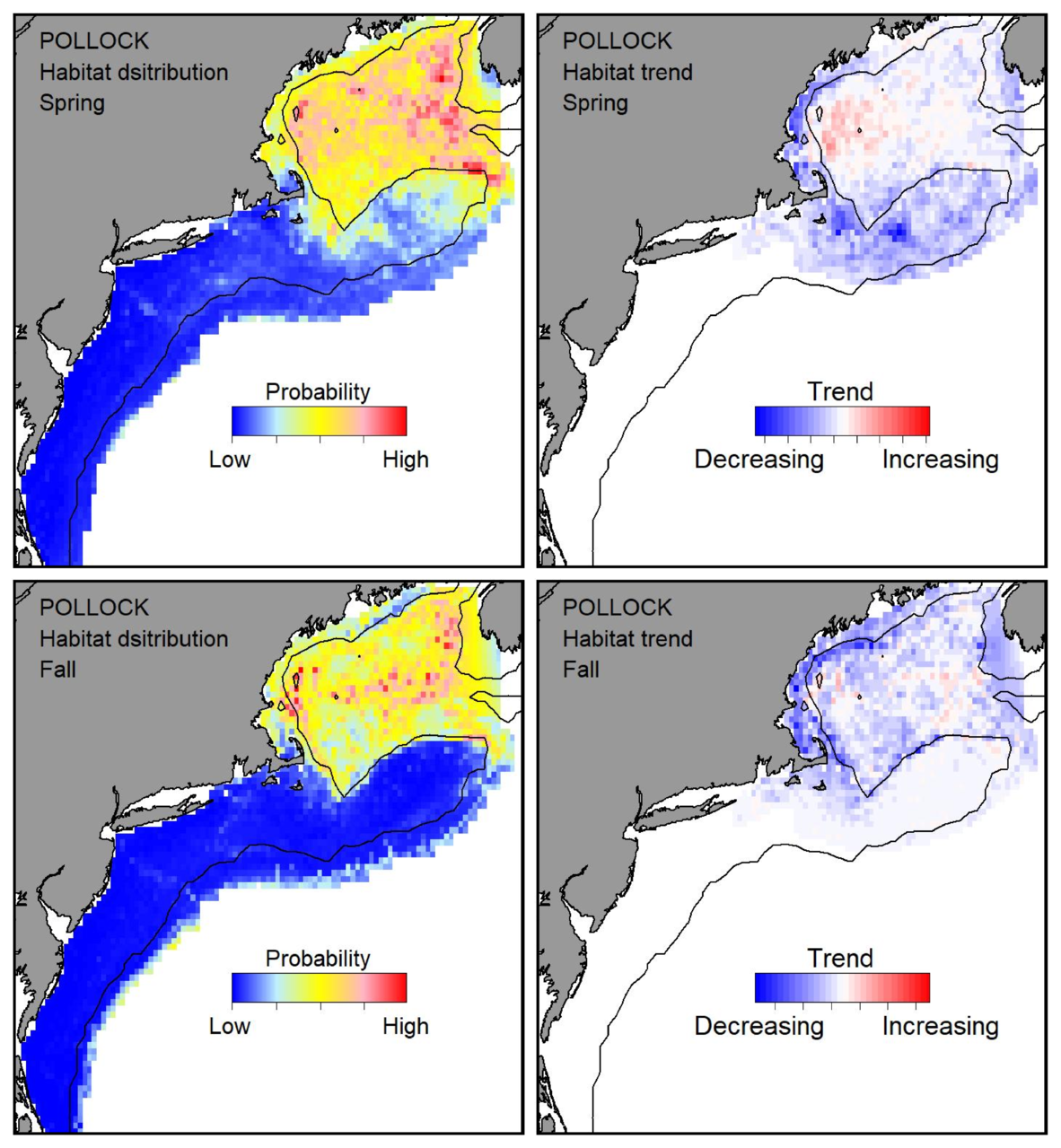 Top row: Probable habitat distribution for pollock showing the highest concentration and increasing trend in the Gulf of Maine during the spring. Bottom row: Probable habitat distribution for pollock showing the highest concentration and increasing trend in the Gulf of Maine during the fall.