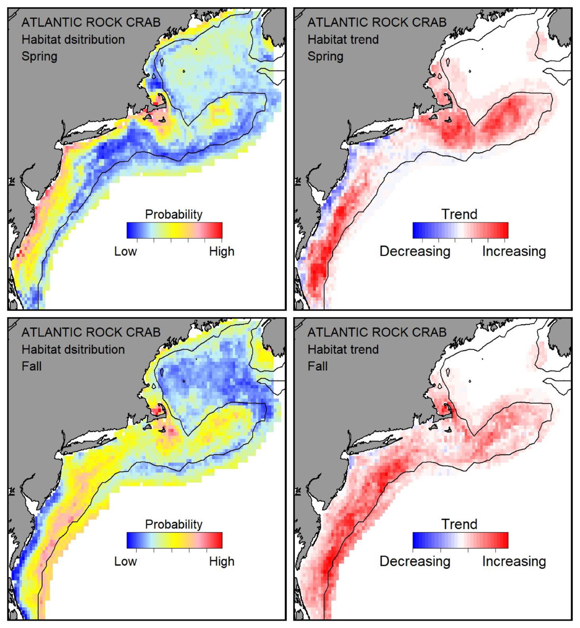 Probable habitat distribution for Atlantic rock crab showing the highest concentration and increasing trend in the Gulf of Maine during the spring. Bottom row: Probable habitat distribution for Atlantic rock crab showing the highest concentration and increasing trend in the Gulf of Maine during the fall.