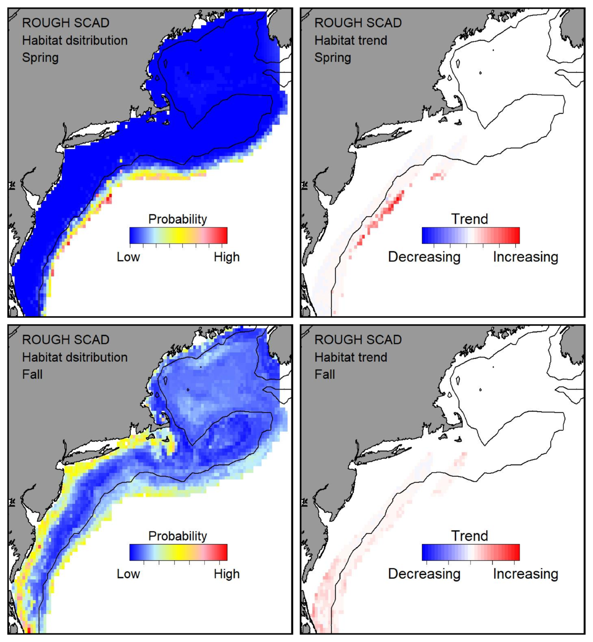 Probable habitat distribution for rough scad showing the highest concentration and increasing trend in the Gulf of Maine during the spring. Bottom row: Probable habitat distribution for rough scad showing the highest concentration and increasing trend in the Gulf of Maine during the fall.