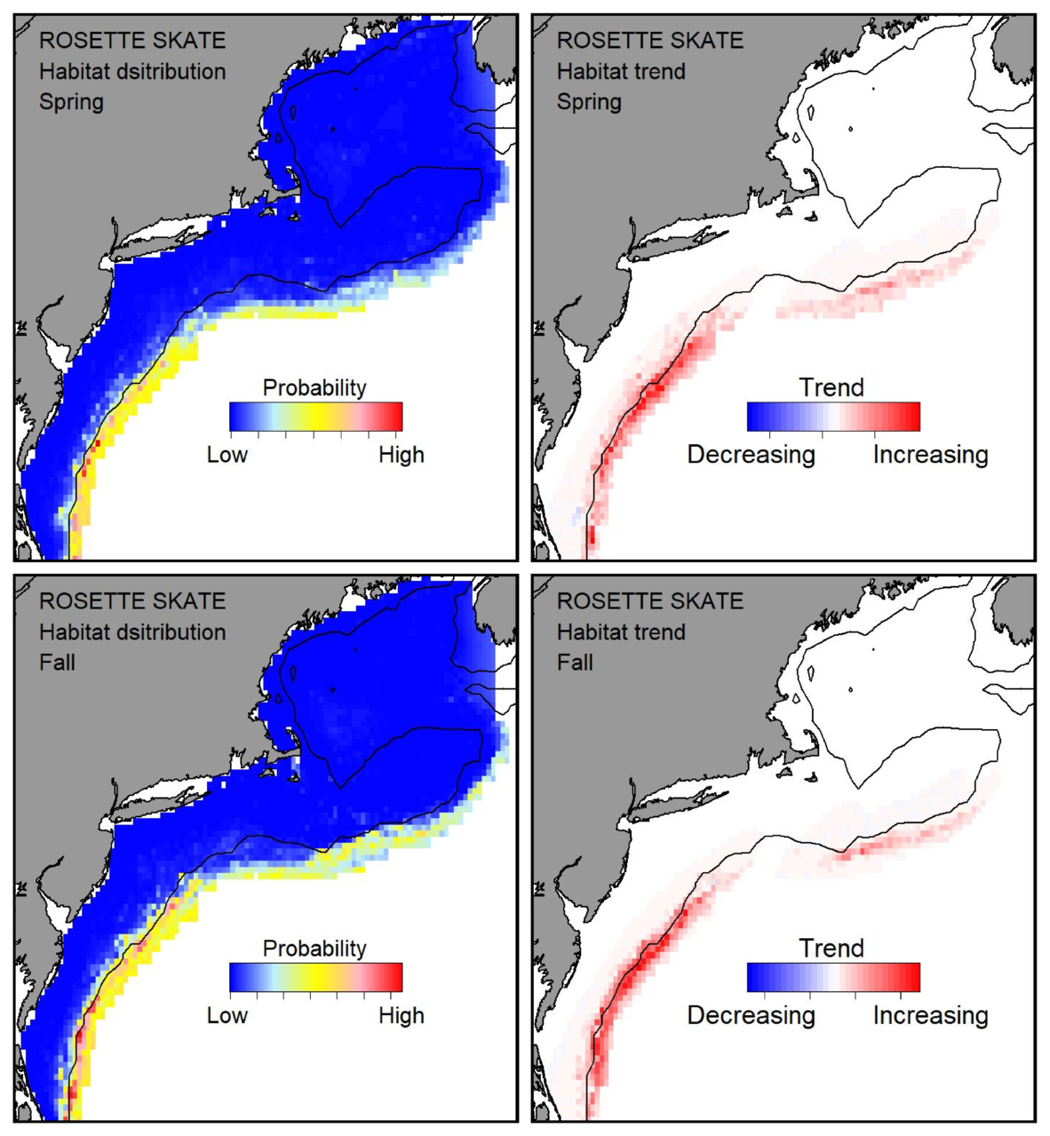 Top row: Probable habitat distribution for rosette skate showing the highest concentration and increasing trend in the Gulf of Maine during the spring. Bottom row: Probable habitat distribution for rosette skate showing the highest concentration and increasing trend in the Gulf of Maine during the fall.