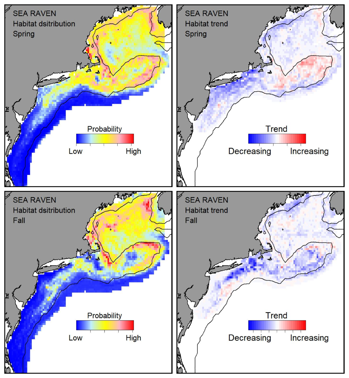 Probable habitat distribution for sea raven showing the highest concentration and increasing trend in the Gulf of Maine during the spring. Bottom row: Probable habitat distribution for sea raven showing the highest concentration and increasing trend in the Gulf of Maine during the fall.