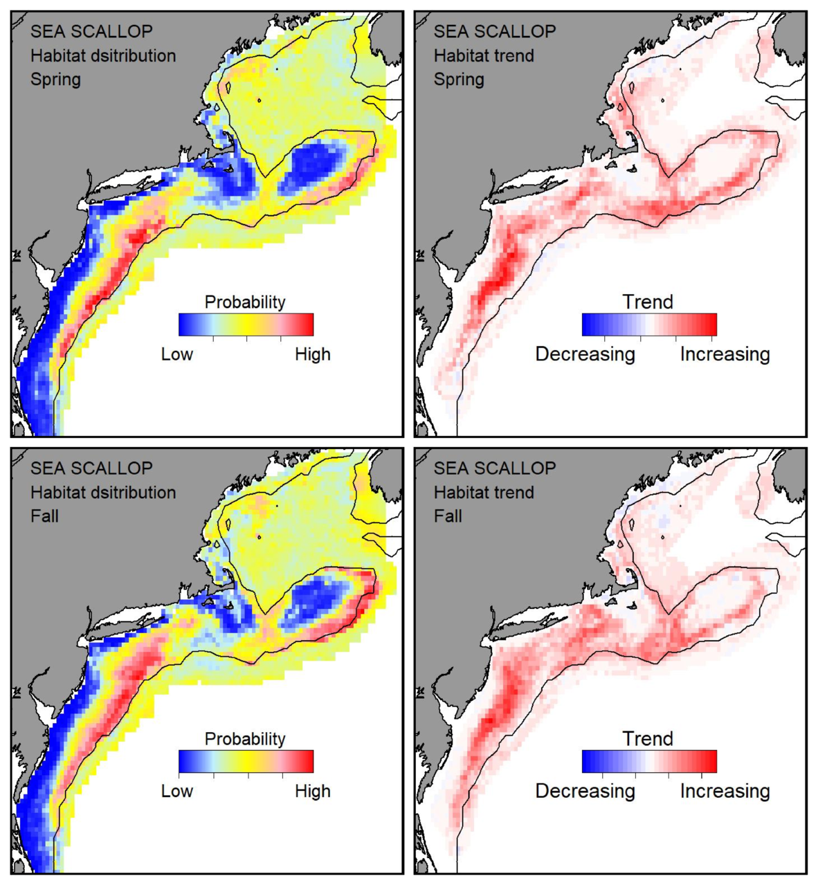 Probable habitat distribution for sea scallop showing the highest concentration and increasing trend in the Gulf of Maine during the spring. Bottom row: Probable habitat distribution for sea scallop showing the highest concentration and increasing trend in the Gulf of Maine during the fall.