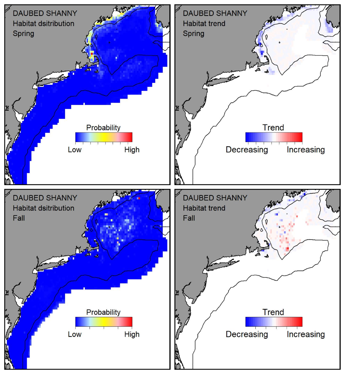 Probable habitat distribution for daubed shanny showing the highest concentration and increasing trend in the Gulf of Maine during the spring. Bottom row: Probable habitat distribution for daubed shanny showing the highest concentration and increasing trend in the Gulf of Maine during the fall.