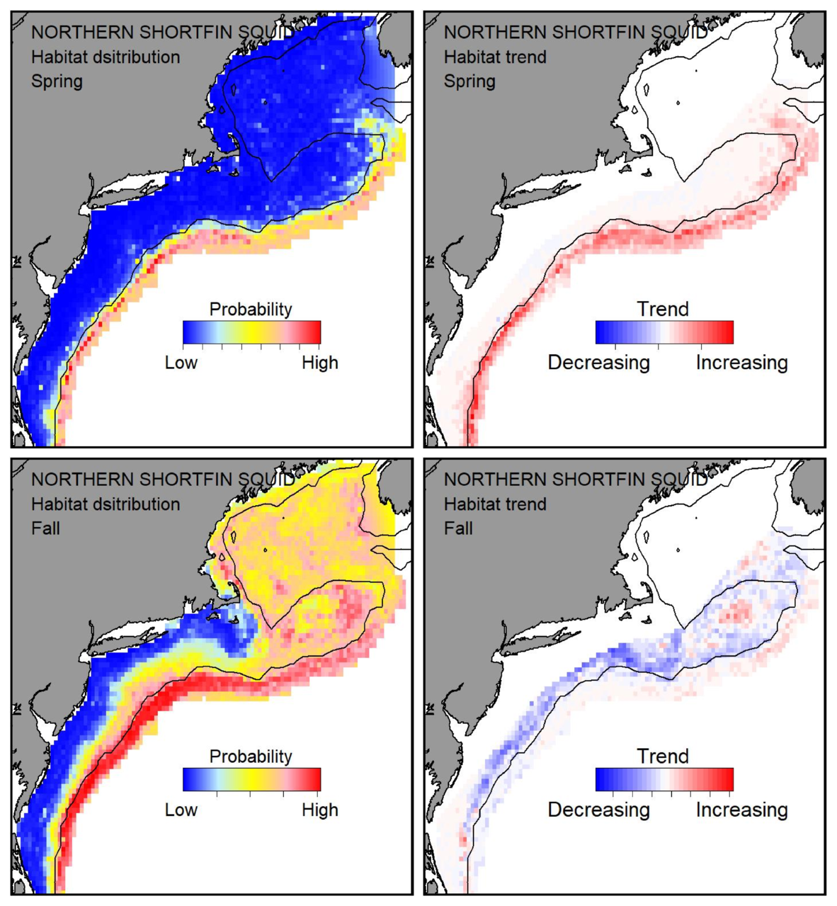 Probable habitat distribution for shortfin squid showing the highest concentration and increasing trend in the Gulf of Maine during the spring. Bottom row: Probable habitat distribution for shortfin squid showing the highest concentration and increasing trend in the Gulf of Maine during the fall.