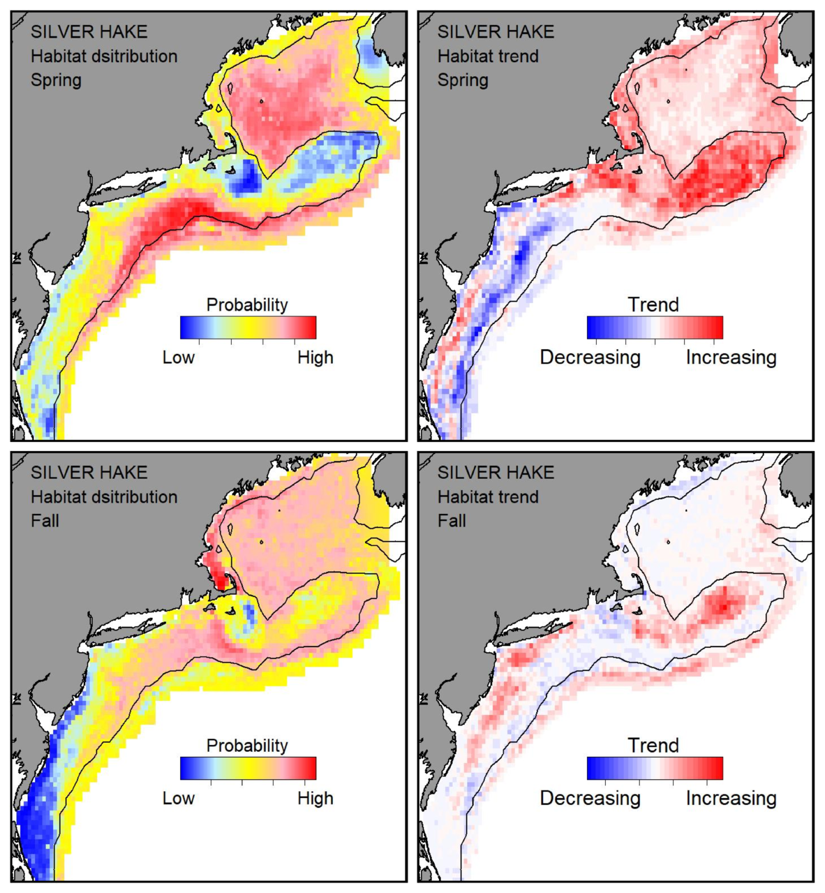 Top row: Probable habitat distribution for silver hake showing the highest concentration and increasing trend in the Gulf of Maine during the spring. Bottom row: Probable habitat distribution for silver hake showing the highest concentration and increasing trend in the Gulf of Maine during the fall.