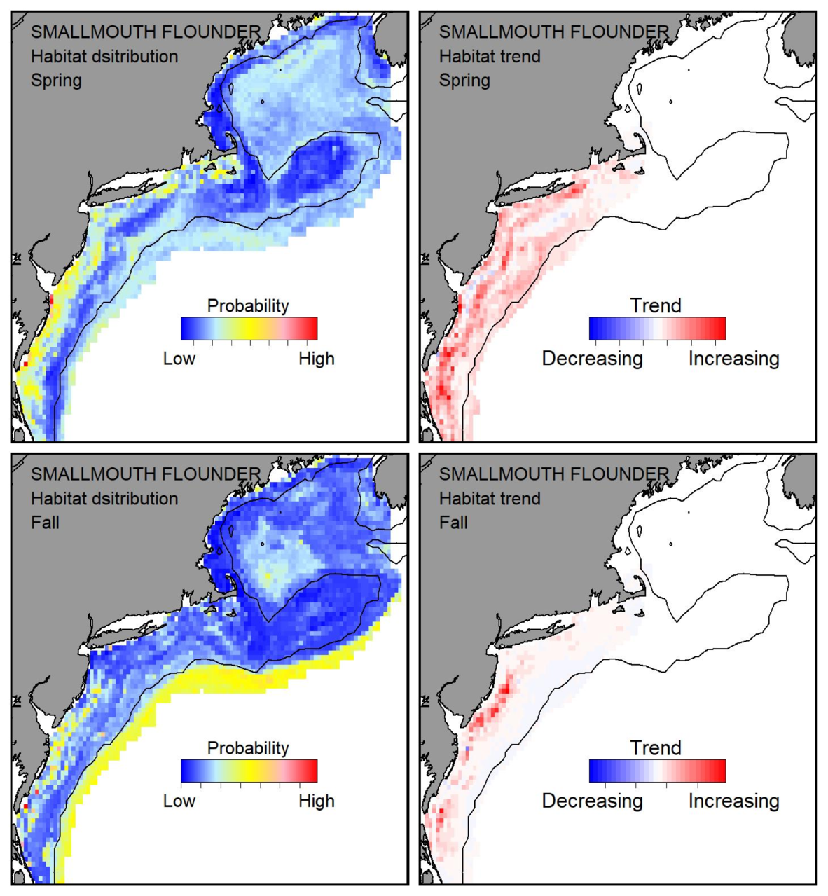 Probable habitat distribution for smallmouth flounder showing the highest concentration and increasing trend in the Gulf of Maine during the spring. Bottom row: Probable habitat distribution for smallmouth flounder showing the highest concentration and increasing trend in the Gulf of Maine during the fall.