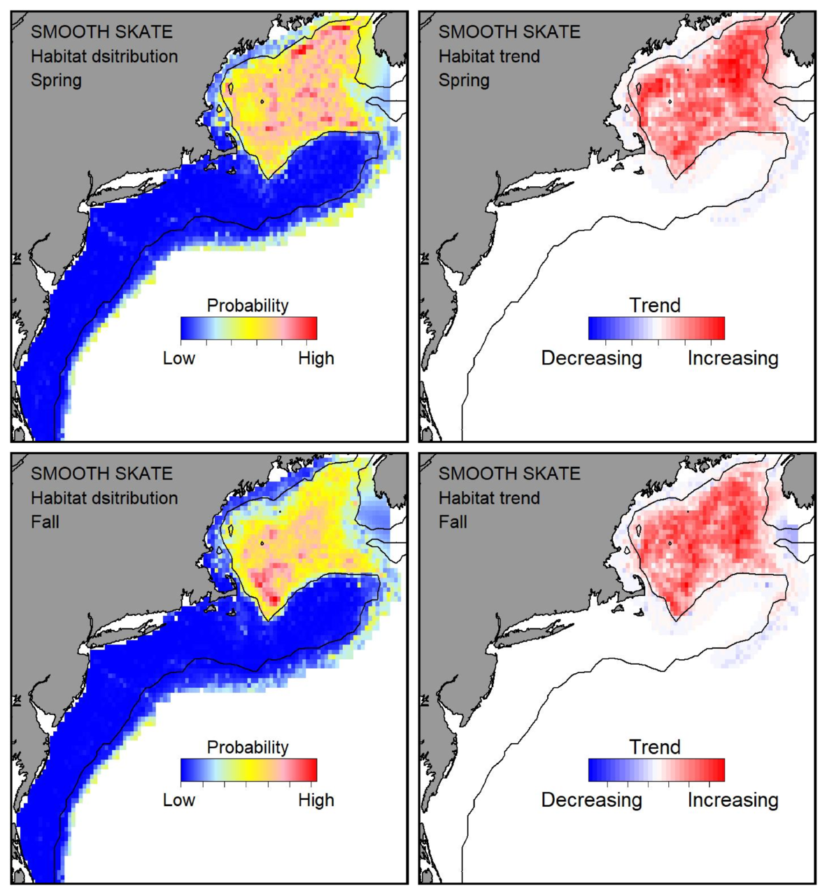 Top row: Probable habitat distribution for smooth skate showing the highest concentration and increasing trend in the Gulf of Maine during the spring. Bottom row: Probable habitat distribution for smooth skate showing the highest concentration and increasing trend in the Gulf of Maine during the fall.