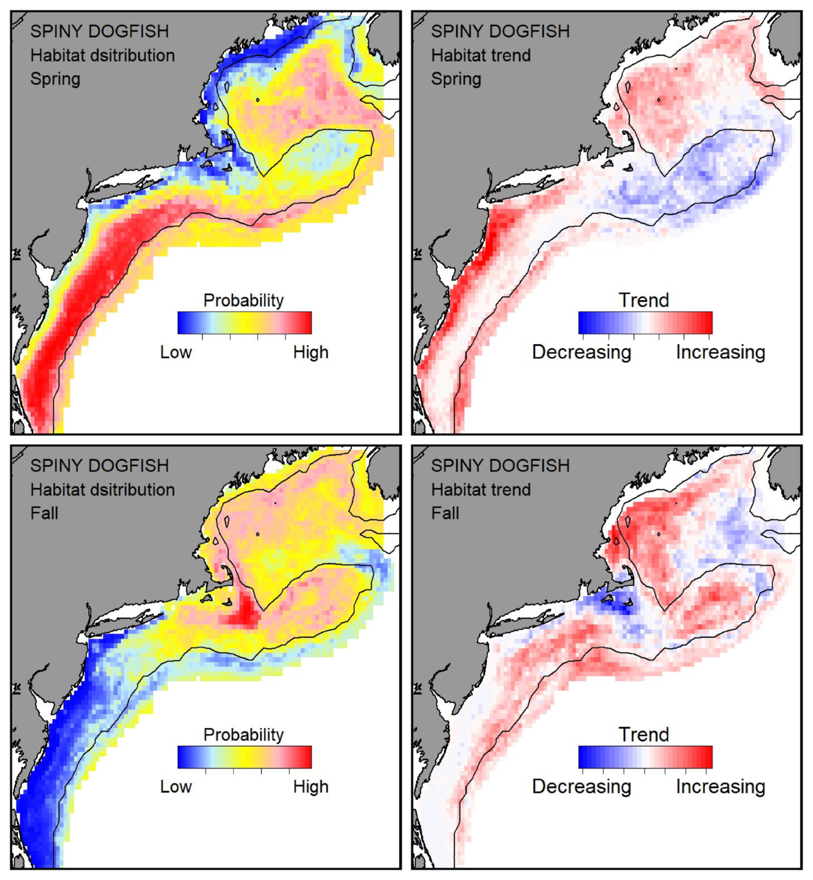 Top row: Probable habitat distribution for spiny dogfish showing the highest concentration and increasing trend in the Gulf of Maine during the spring. Bottom row: Probable habitat distribution for spiny dogfish showing the highest concentration and increasing trend in the Gulf of Maine during the fall.