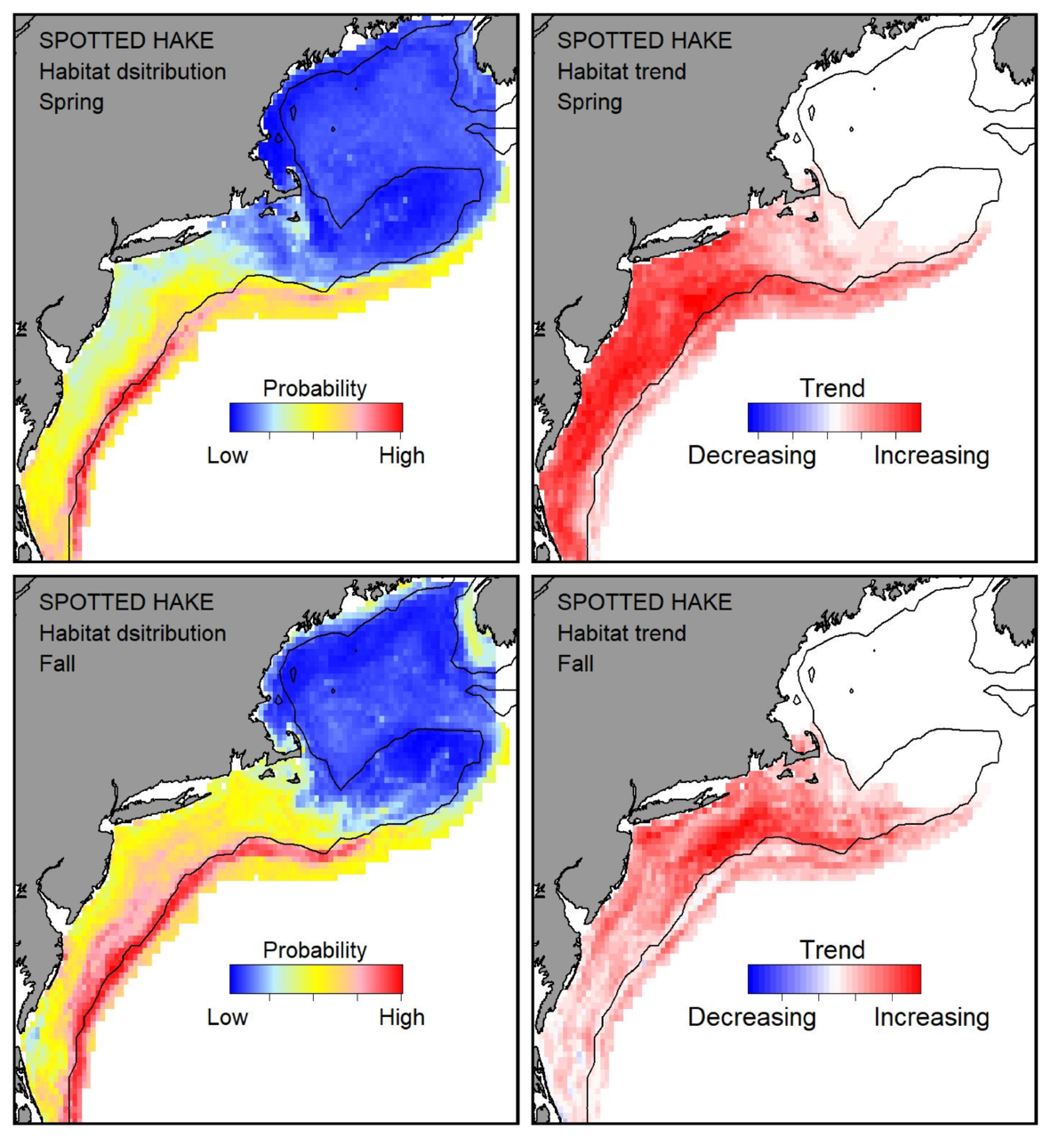 Top row: Probable habitat distribution for spotted hake showing the highest concentration and increasing trend in the Gulf of Maine during the spring. Bottom row: Probable habitat distribution for spotted hake showing the highest concentration and increasing trend in the Gulf of Maine during the fall.