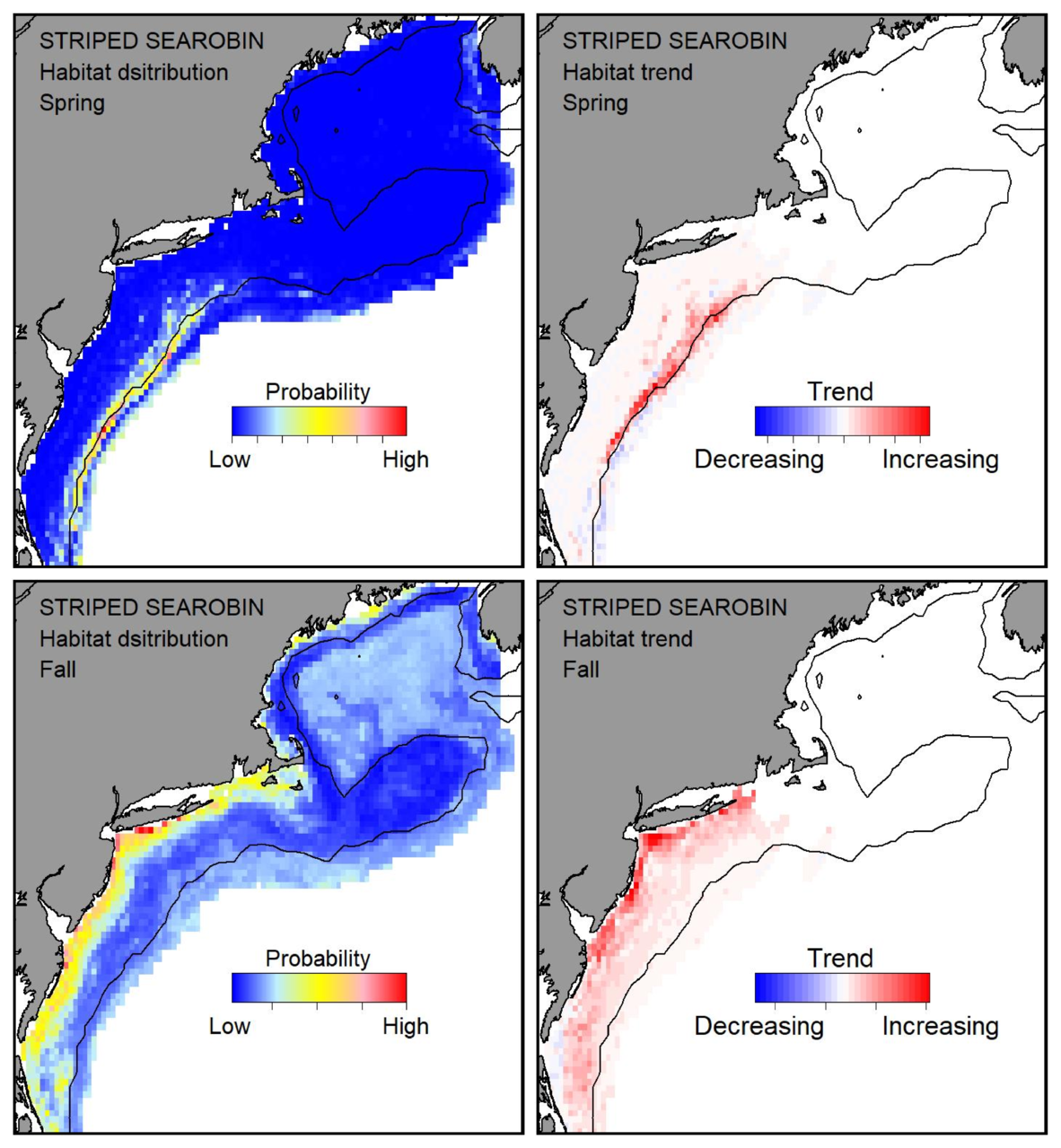 Probable habitat distribution for striped searobin showing the highest concentration and increasing trend in the Gulf of Maine during the spring. Bottom row: Probable habitat distribution for striped searobin showing the highest concentration and increasing trend in the Gulf of Maine during the fall.