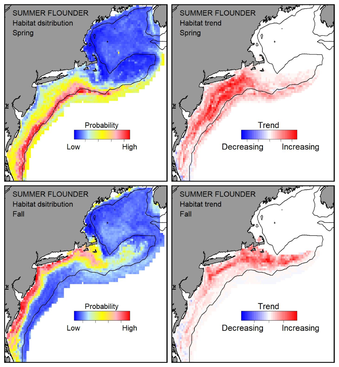 Probable habitat distribution for summer flounder showing the highest concentration and increasing trend in the Gulf of Maine during the spring. Bottom row: Probable habitat distribution for summer flounder showing the highest concentration and increasing trend in the Gulf of Maine during the fall.