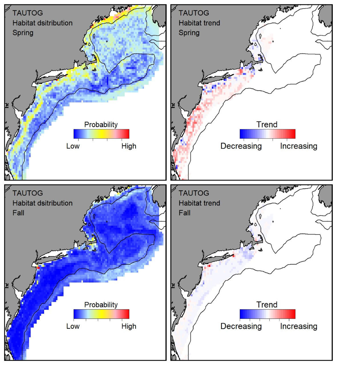 Probable habitat distribution for tautog showing the highest concentration and increasing trend in the Gulf of Maine during the spring. Bottom row: Probable habitat distribution for tautog showing the highest concentration and increasing trend in the Gulf of Maine during the fall.
