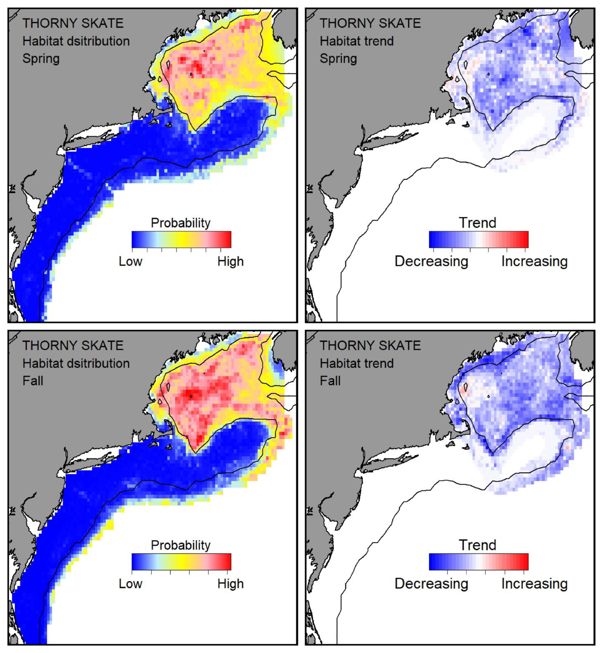 Top row: Probable habitat distribution for thorny skate showing the highest concentration and increasing trend in the Gulf of Maine during the spring. Bottom row: Probable habitat distribution for thorny skate showing the highest concentration and increasing trend in the Gulf of Maine during the fall.