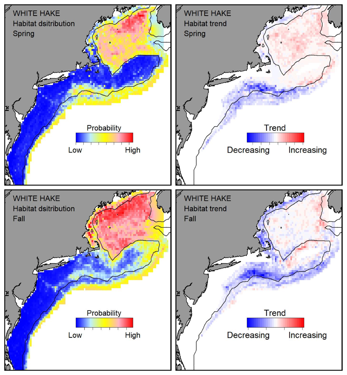 Top row: Probable habitat distribution for white hake showing the highest concentration and increasing trend in the Gulf of Maine during the spring. Bottom row: Probable habitat distribution for white hake showing the highest concentration and increasing trend in the Gulf of Maine during the fall.